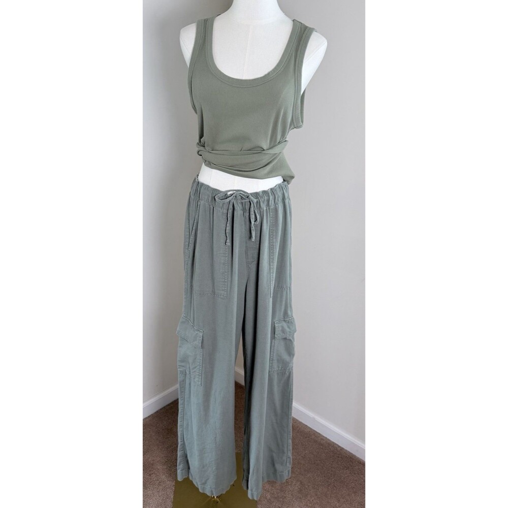 GAP Walden Green Lounge Set Linen Blend Wide Leg Cargo Pants L Ribbed Tank XL